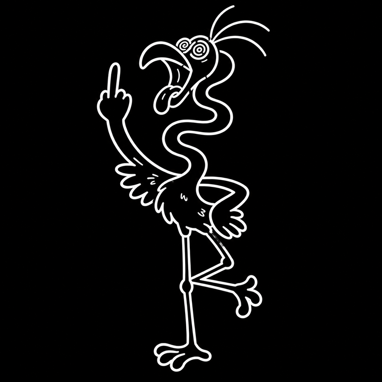 White line drawing of the flamingo on black, with spiral eyes, a winding neck, tongue out, and one wing raising its middle finger.